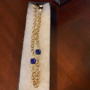 Gold, blue necklace chain with crystal accents